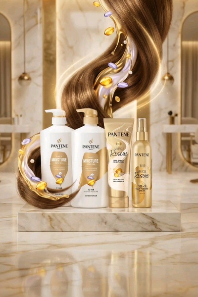 This creative showcases a complete hair care line on a marble pedestal, framed by dynamic, flowing hair strands and floating active ingredients to visualize product benefits.