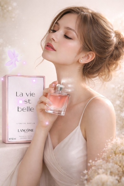 This creative features a woman applying perfume with soft, magical elements and sparkles, creating an aura of luxury and whimsy.