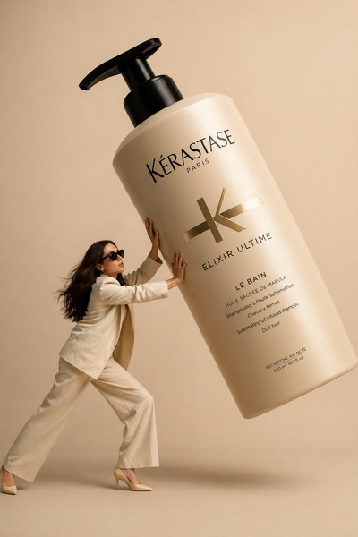 A high-end haircare shampoo bottle is shown at an impossible, oversized scale, with a brand ambassador leaning against it for dramatic impact.