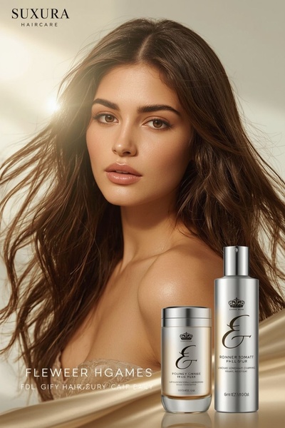 A high-quality lifestyle ad featuring a model with healthy, flowing hair alongside the product bottle and packaging, set against a soft, sun-kissed background.