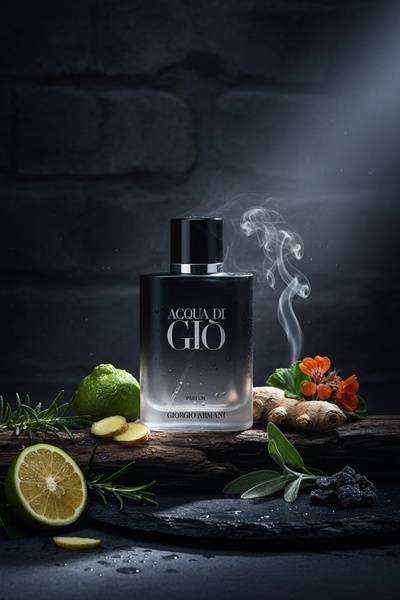 This creative showcases a luxury parfum bottle surrounded by its raw aromatic ingredients like lime and ginger on a dark, textured surface.