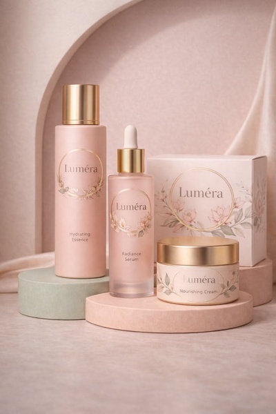 A high-end, studio-style product shot featuring a hydrating essence, radiance serum, and nourishing cream arranged on geometric platforms in soft, neutral colors.