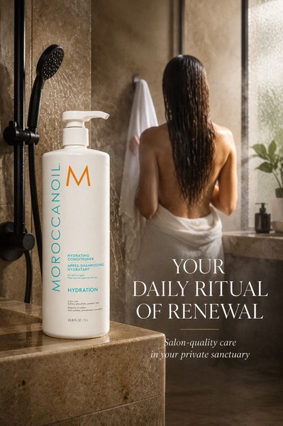 This creative features a premium product bottle in the foreground with a woman in a spa-like shower environment in the background, emphasizing a luxury ritual.