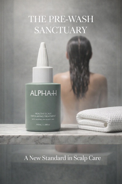 A minimalist, high-end product shot of a scalp treatment bottle sitting on a marble surface in a steamy, spa-like environment.