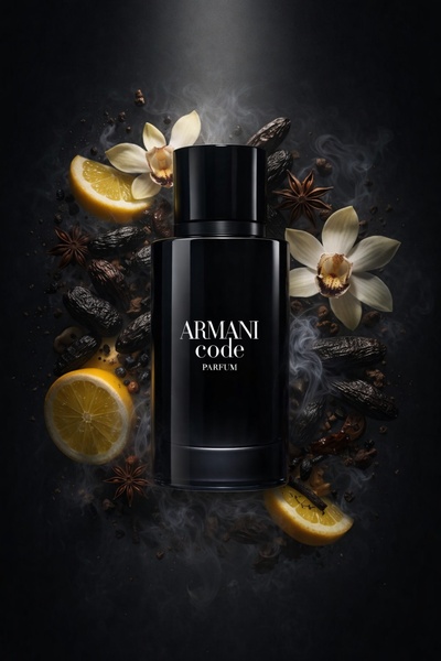 A high-end, atmospheric product shot of a black perfume bottle surrounded by organic fragrance notes and floating smoke.