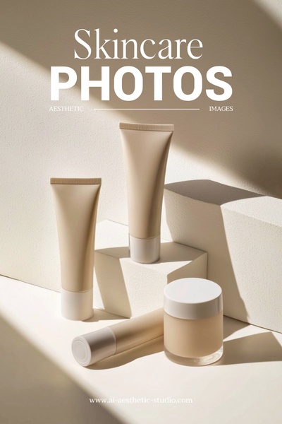 A high-end studio aesthetic featuring multiple skincare containers arranged on geometric blocks with soft, intentional directional lighting.