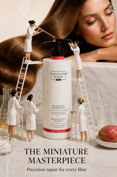 This creative features miniature workers tending to a large bottle of shampoo, emphasizing precision and deep hair repair.