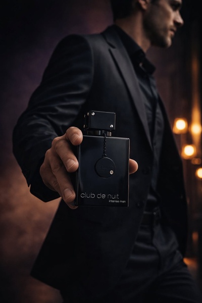 A high-end studio shot of a black cologne bottle being held by a man in a formal suit, set against a dark, moody background with subtle bokeh lighting.