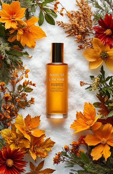 A high-end serum bottle stands prominently in fresh snow, surrounded by autumn-colored flowers, creating a sharp contrast between product and nature.