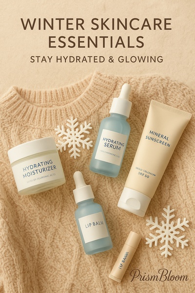 A high-performing, minimalist product hero shot featuring a cohesive set of hydrating skincare items against a warm, knitted background.