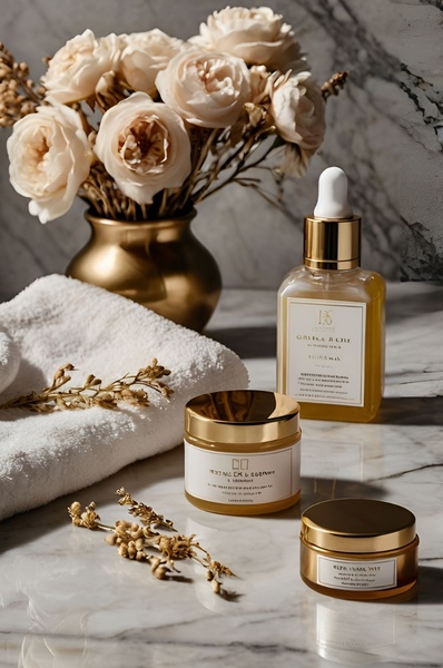 A high-end skincare product arrangement on a marble surface featuring a serum and two jars next to a vase of white roses and a clean white towel.
