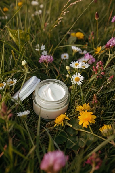 A high-quality image of an open jar of white face cream nestled in a lush field of wildflowers and daisies.
