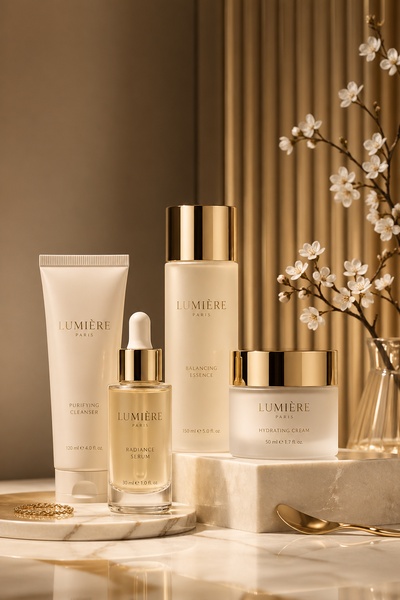 A high-end studio product shot showcasing a four-piece skincare set on a marble surface with soft golden lighting and delicate white cherry blossoms.