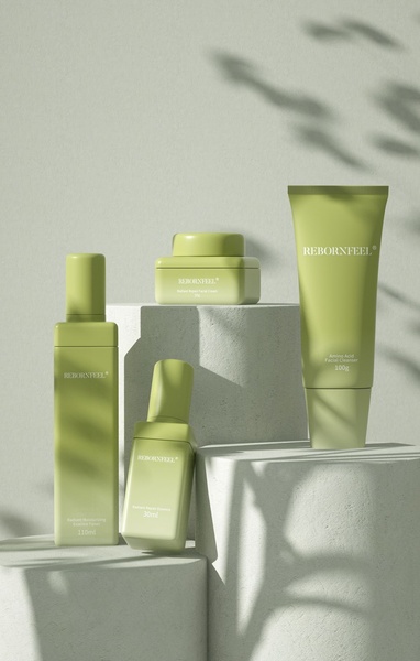 A clean, minimalist product hero shot featuring a complete skincare set arranged on tiered stone pedestals under soft, dappled leaf shadows.