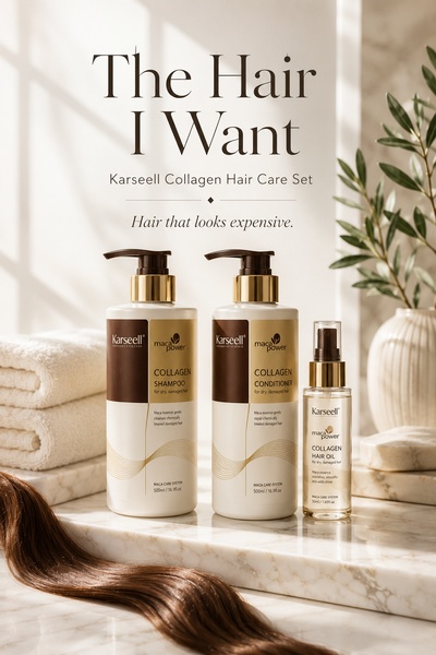 A high-quality studio photograph featuring a three-piece hair care set displayed on a marble surface, emphasizing a clean and aspirational brand aesthetic.