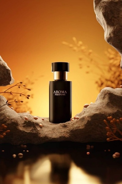 A high-end, studio-lit perfume bottle centered between two large stones against a warm, gradient background.