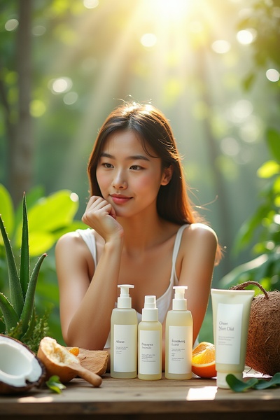 A high-quality product hero shot featuring skincare bottles and natural ingredients like coconut and aloe vera in a sun-drenched, organic setting.
