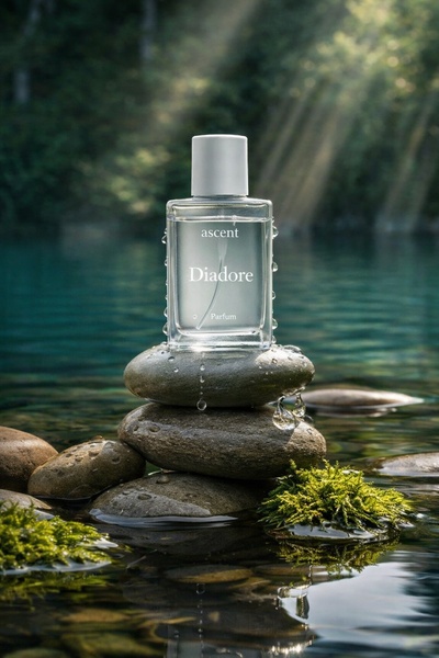 A bottle of Diadore parfum is balanced perfectly on smooth river stones emerging from clear water, surrounded by moss and soft sunlight.