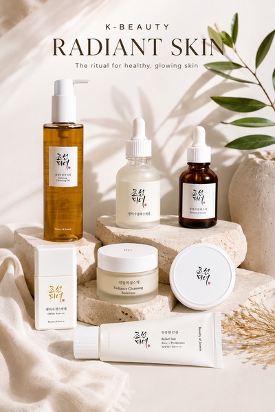 A clean, minimalist product assembly featuring a complete skincare routine on stone platforms with soft, natural lighting.