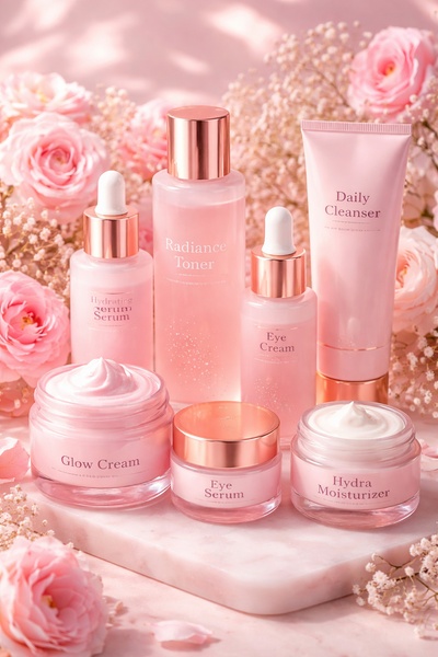 A flat-lay product hero shot featuring a full collection of skincare products arranged among soft pink roses for an elegant, high-end presentation.
