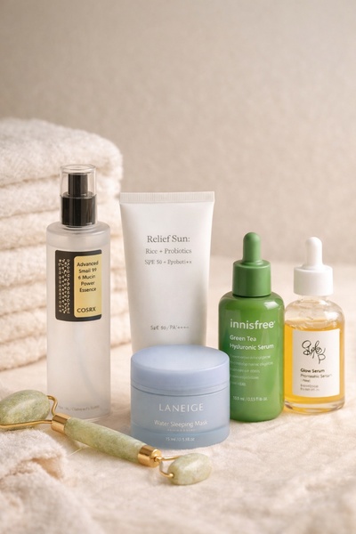 A calm, neutral-toned still life of various skincare products featuring serums, sunscreen, and a sleeping mask arranged with a facial roller.