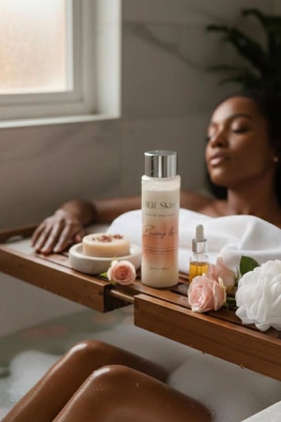 A high-quality lifestyle image of a skin toner product placed on a wooden bath tray alongside fresh flowers, featuring a woman relaxing in the tub.