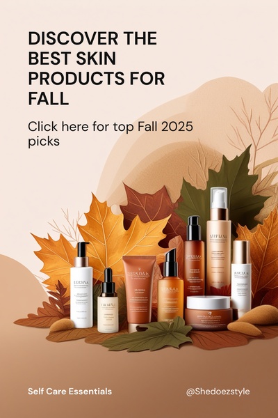 A high-quality product hero shot featuring a collection of skin care bottles and jars arranged among fall foliage in a warm, seasonal color palette.