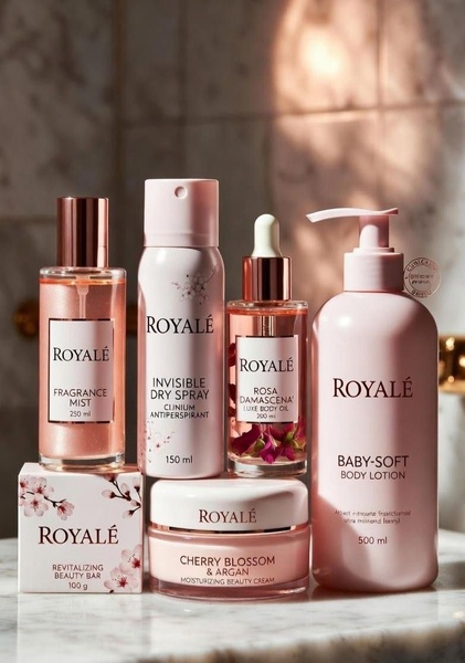 A refined product hero shot featuring an array of body care items, including body lotion, oil, and mist, arranged in a soft-focus marble vanity setting.