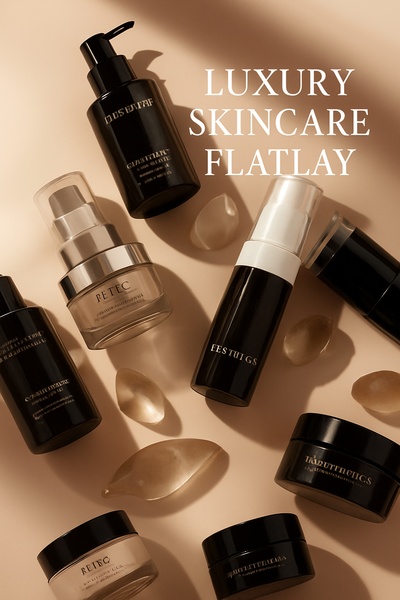 A high-end flatlay composition featuring various skincare bottles and jars on a neutral, soft-lit background.