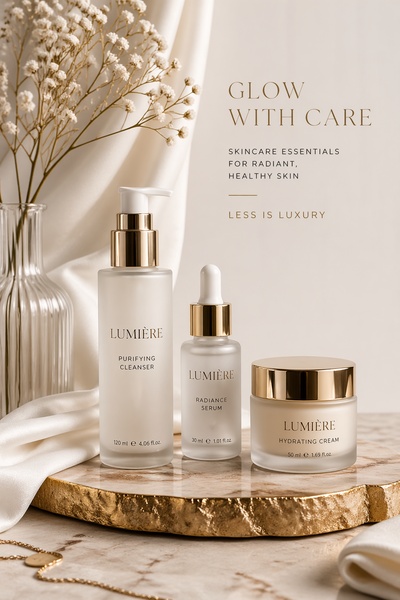 A high-end product hero advertisement showcasing three essential skincare bottles on a marble pedestal with soft floral accents.