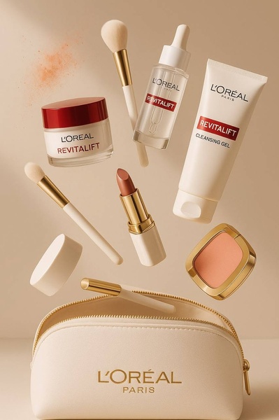 This creative features a curated selection of skincare and makeup items suspended in a neutral-toned studio environment, creating a clean and premium visual flow.