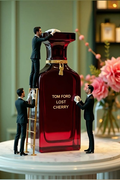 A high-end studio creative featuring tiny men in suits cleaning a giant bottle of luxury perfume.