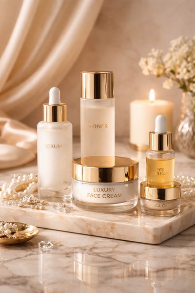 A high-end, clean, and aspirational product hero shot featuring a collection of skincare bottles and jars on a marble surface.