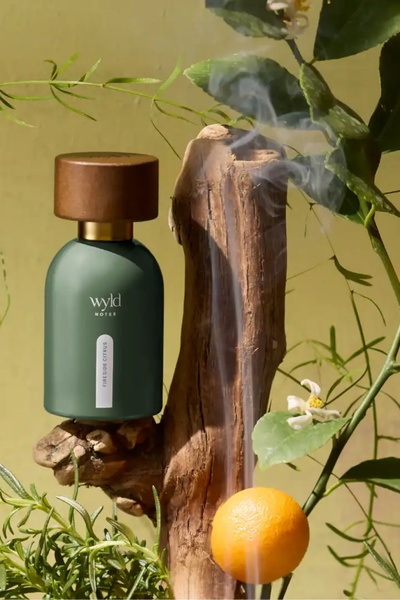 A high-quality product photography piece featuring a perfume bottle placed on a piece of driftwood, surrounded by fresh oranges and green foliage.