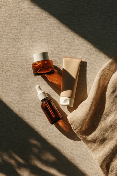 A high-quality product photography shot featuring a skincare serum, cream jar, and a linen cloth on a beige background with soft natural shadows.