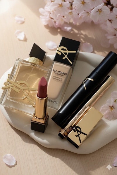 A high-end flatlay composition featuring premium cosmetics including foundation, perfume, lipstick, and eyeliner against a soft floral background.