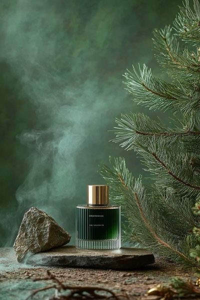 A high-end, atmospheric studio shot of a perfume bottle placed on a piece of natural slate against a forest-themed backdrop.