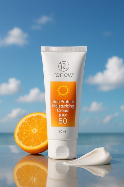 A high-quality, bright studio product shot of a sunscreen tube set against a blurred beach and ocean background with a sliced orange.