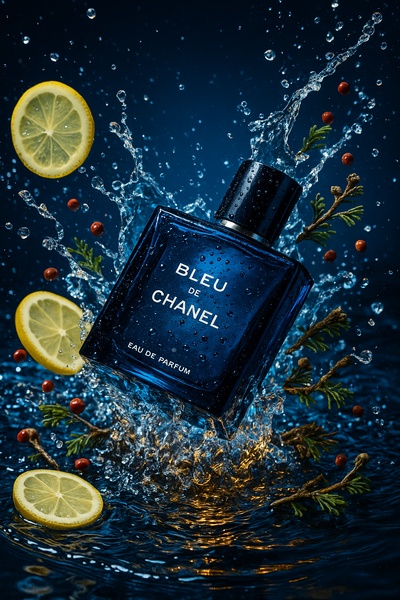 A high-end product hero shot featuring a fragrance bottle surrounded by water splashes, lemon slices, and botanical elements against a deep blue background.
