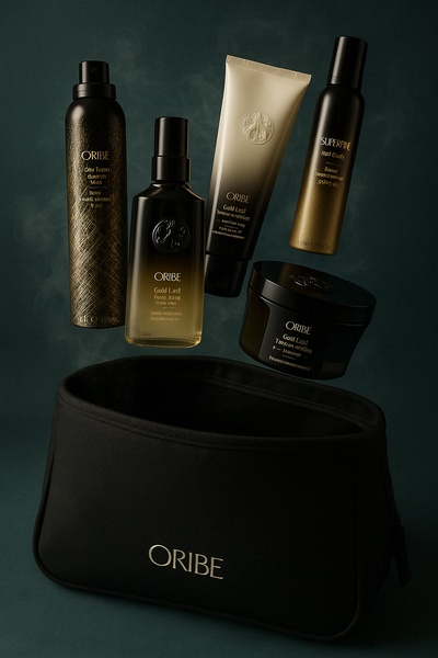 A high-end studio shot showing a collection of premium hair care bottles and jars hovering above a branded carrying case.