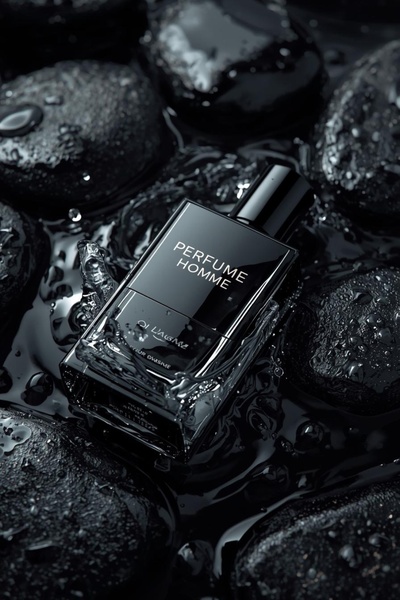 A high-end, dark-themed product shot of a men's perfume bottle resting on wet black stones with water ripples.