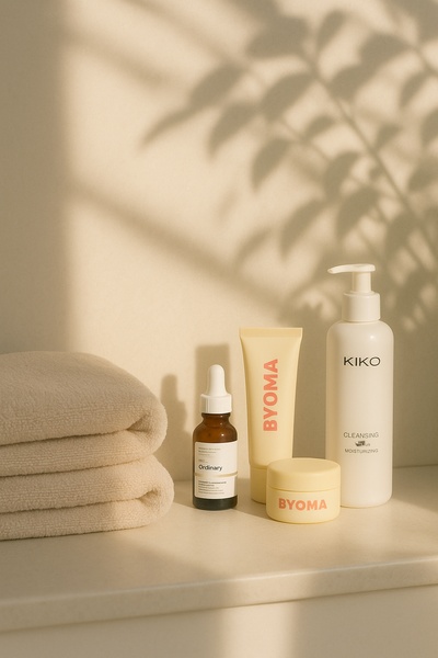 A clean, high-key studio shot of skincare products including serums and moisturizers, arranged with a soft-focus leaf shadow overlay.