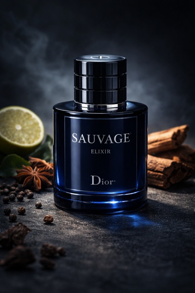 A high-end, studio-lit fragrance bottle surrounded by its raw ingredients like cinnamon, star anise, and peppercorns, accented by wisps of smoke.
