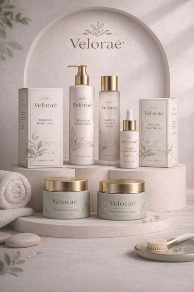 A sophisticated, minimalist studio photograph of a full skincare product range featuring neutral colors and soft, organic lighting.
