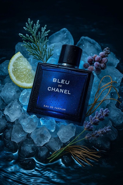 A high-contrast hero shot of a perfume bottle nestled in ice, accompanied by fresh ingredients like lemon and lavender.