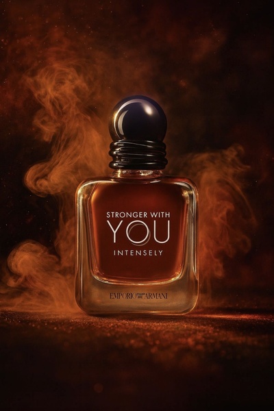 A high-end, atmospheric studio product shot of a perfume bottle emerging from swirling smoke, emphasizing a premium and intense mood.
