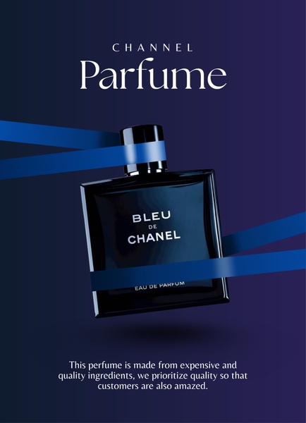 A high-end 3:4 aspect ratio advertisement featuring a perfume bottle wrapped in an elegant dark blue ribbon, set against a deep moody background.