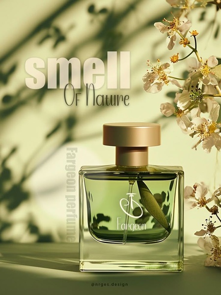 A high-end, clean-aesthetic product shot of a Fargeon perfume bottle positioned beside fresh white flowers, utilizing natural dappled sunlight and soft green tones.