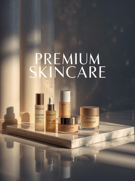 A high-end product arrangement on a marble surface with classical pillar backdrops, emphasizing a premium aesthetic through soft, natural lighting.