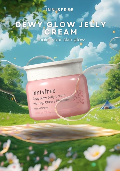This creative showcases the product floating in a bright, outdoor spring meadow setting, emphasizing its fresh and lightweight appeal.